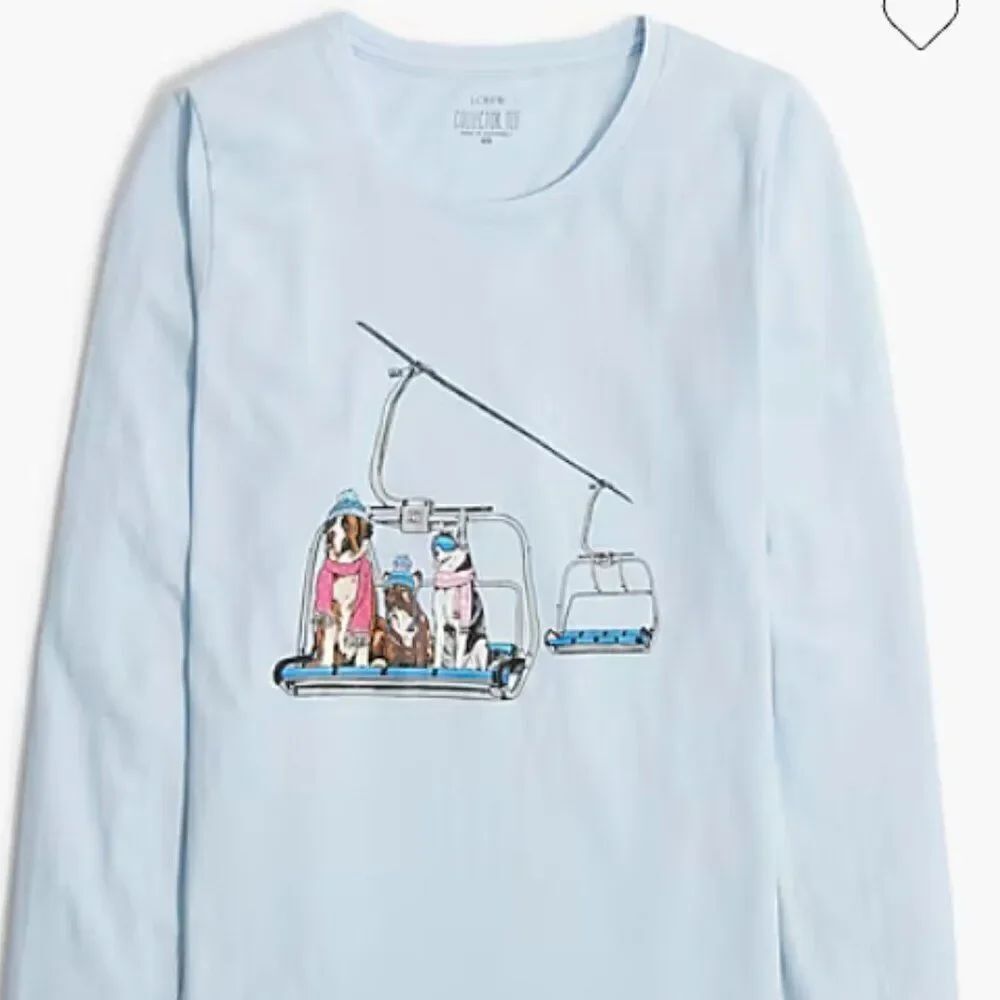 J. Crew CE584 Blue Long-sleeve Ski Lift Dogs Graphic Tee For Women NWOT size xs